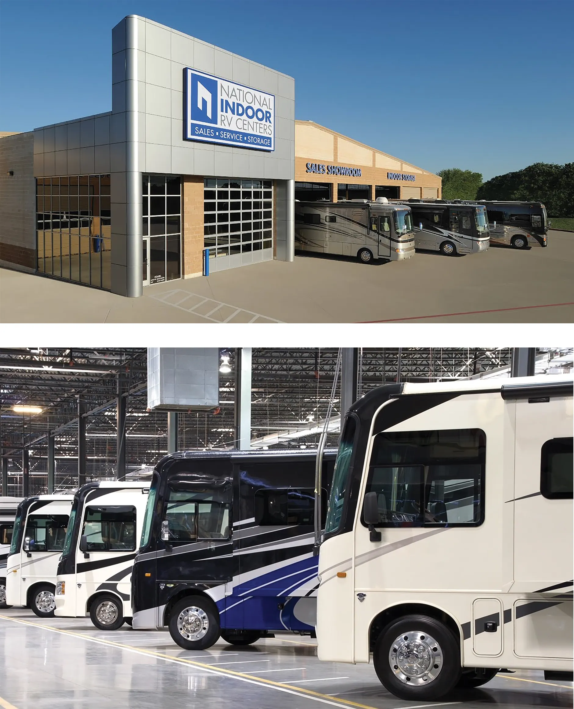 National Indoor RV Centers storefront and indoor showroom